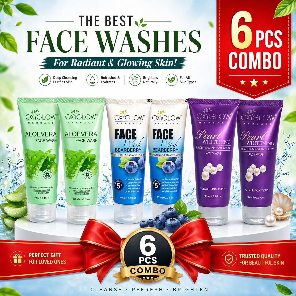 OXYGLOW ALOEVERA,BEARBERRY,PEARL WHITENING FACE WASH 6X100ML