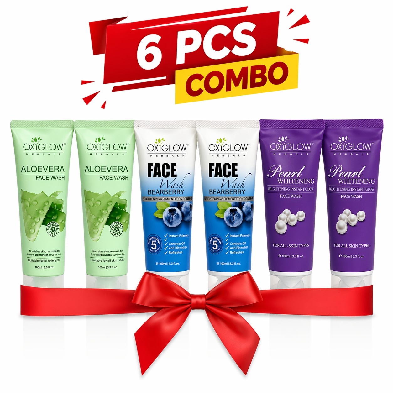 OXYGLOW ALOEVERA,BEARBERRY,PEARL WHITENING FACE WASH 6X100ML